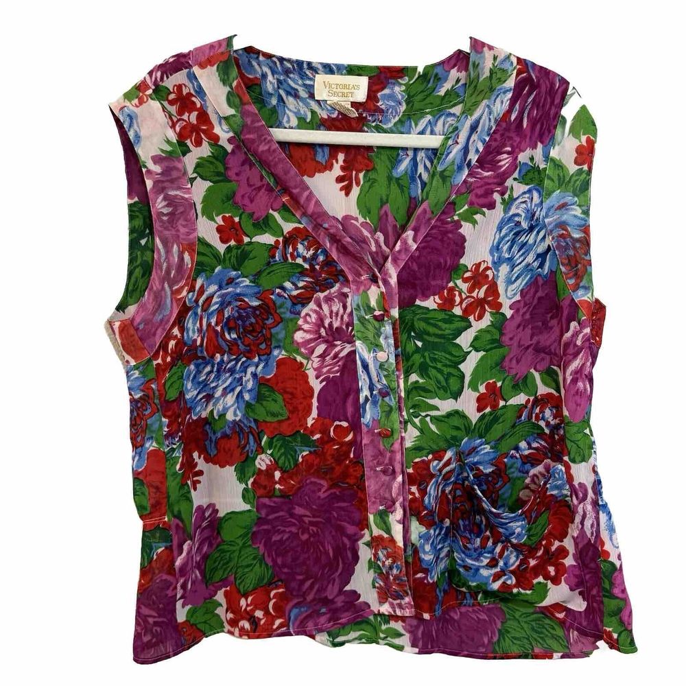Vintage Victoria Secret Floral‎ top Pocket Buttons Sleeveless Sheer Multicolor M